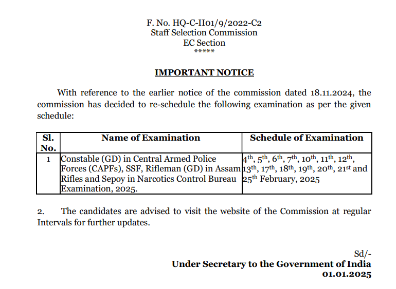 SSC GD Constable New Exam Date 2025