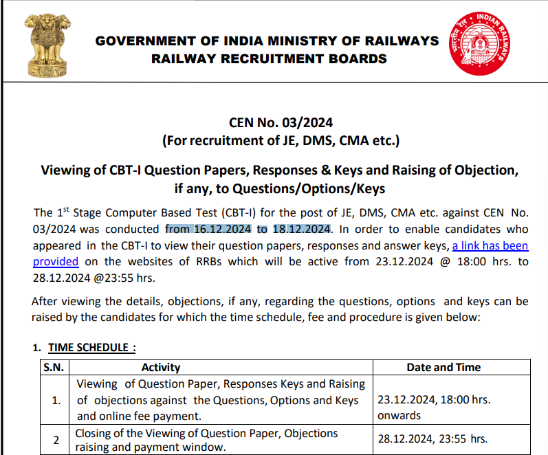 RRB JE Answer key 2024