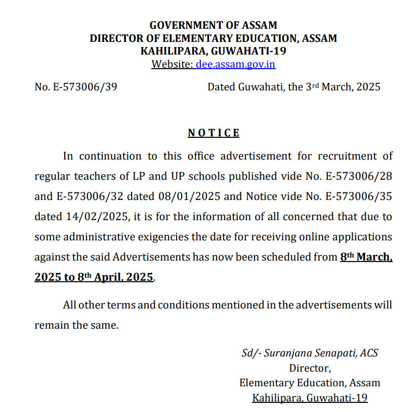 DEE Assam Teacher Recruitment 2025