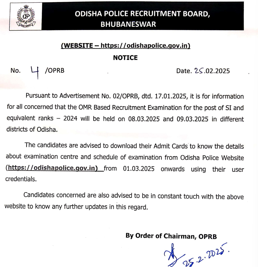 Odisha Police SI Admit CArd 2025