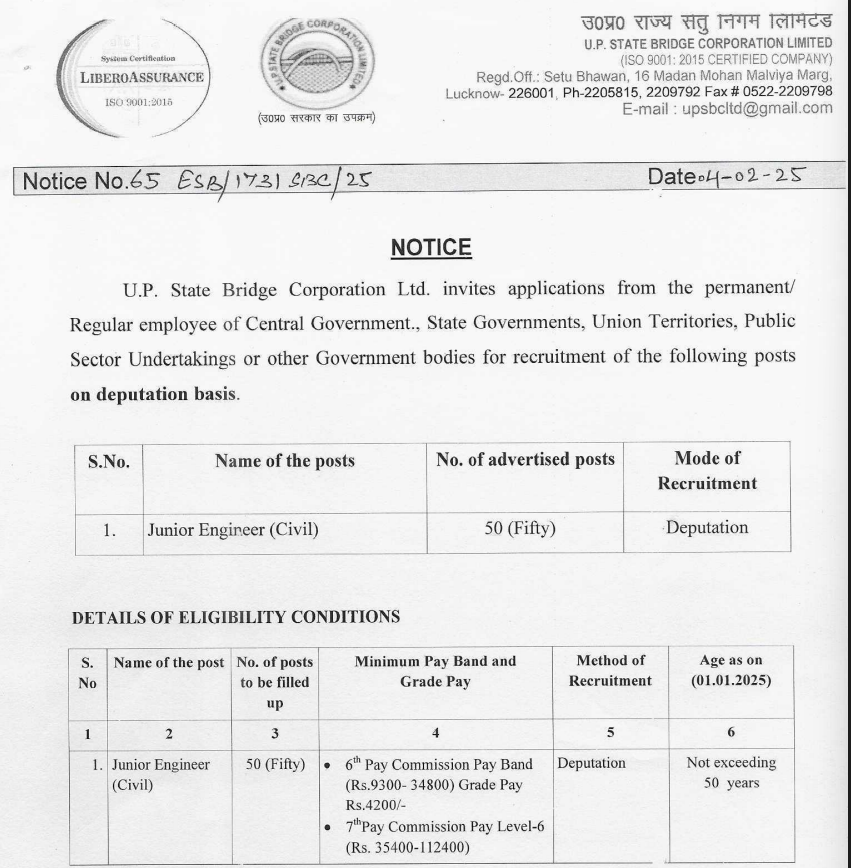 UP State Bridge Corporation Junior Engineer Recruitment 2025