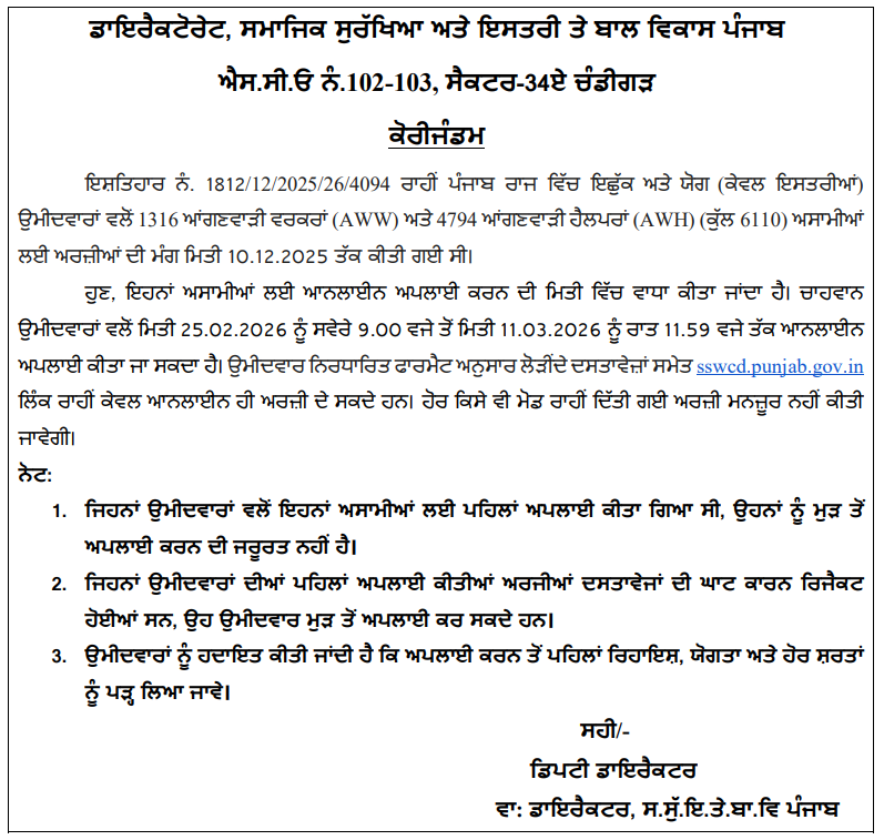 Punjab Anganwari Bharti 2026