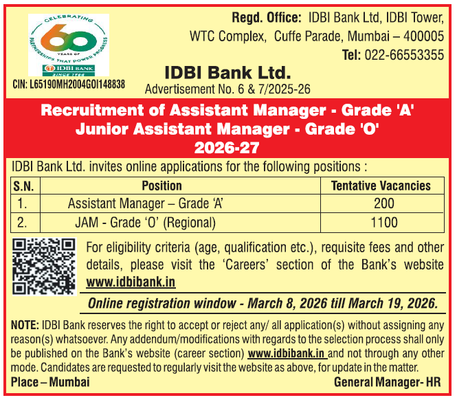 IDBI Bank JAM Recruitment 2026