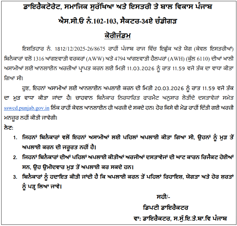 Punjab Anganwadi Bharti 2026