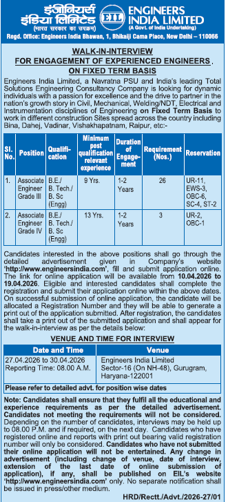 EIL associate Engineer Recruitment 2026