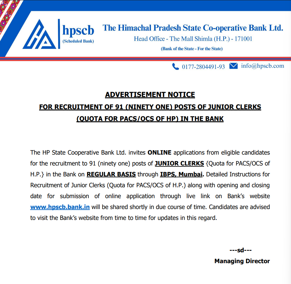 HPSCB Bank Junior Clerk Recruitment 2026