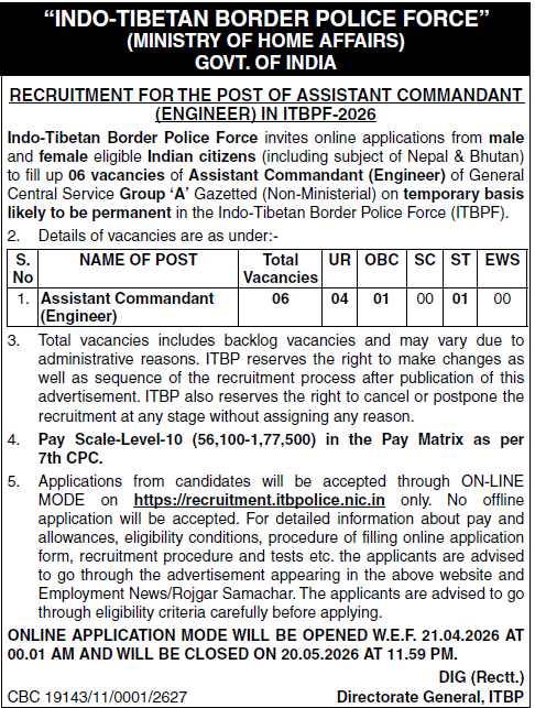 ITBP Assistant Commandant Recruitment 2026