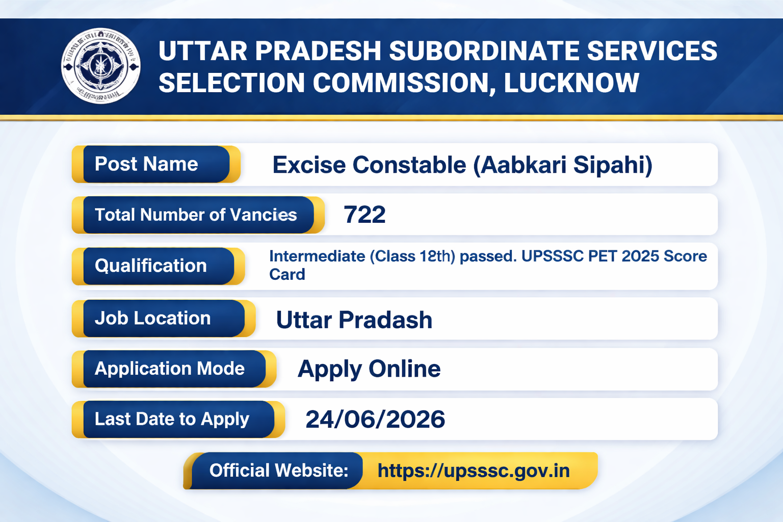 UPSSSC Excise Constable Bharti 2026 - Apply Online for 722 Posts