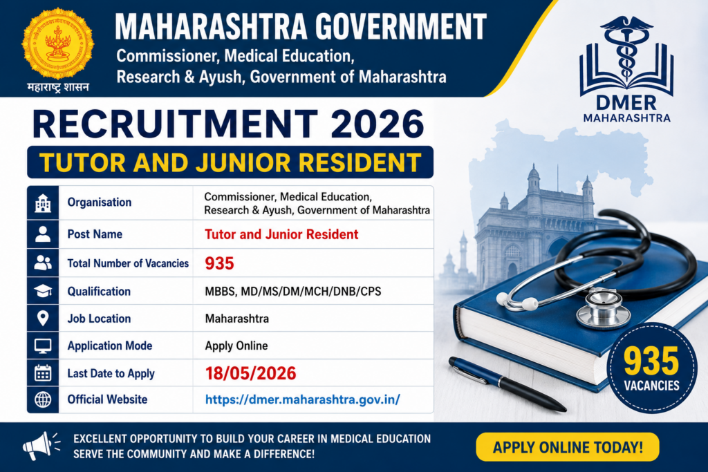 DMER Maharashtra Tutor Junior Resident Recruitment 2026