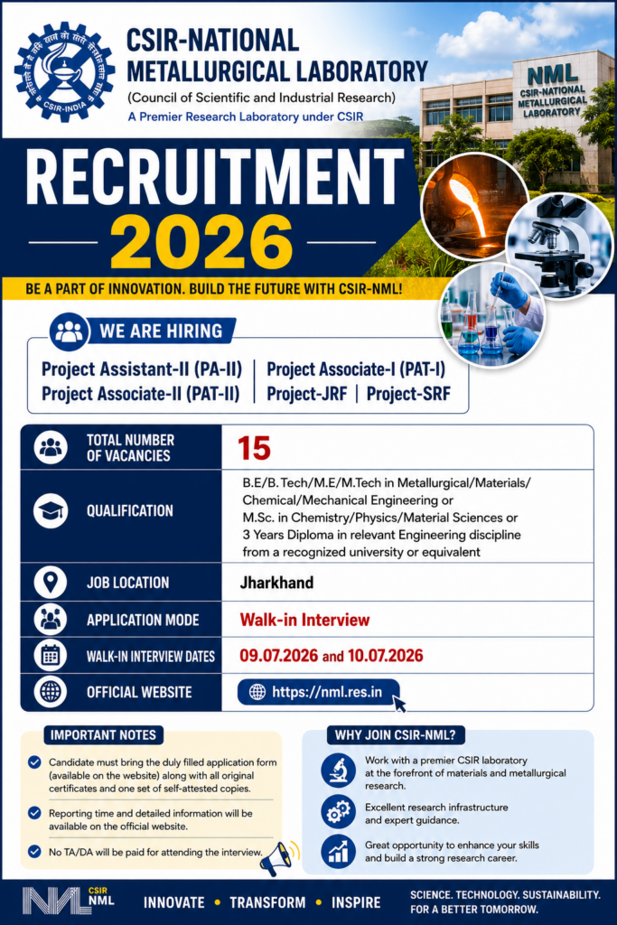 CSIR NML Project Staff Recruitment 2026