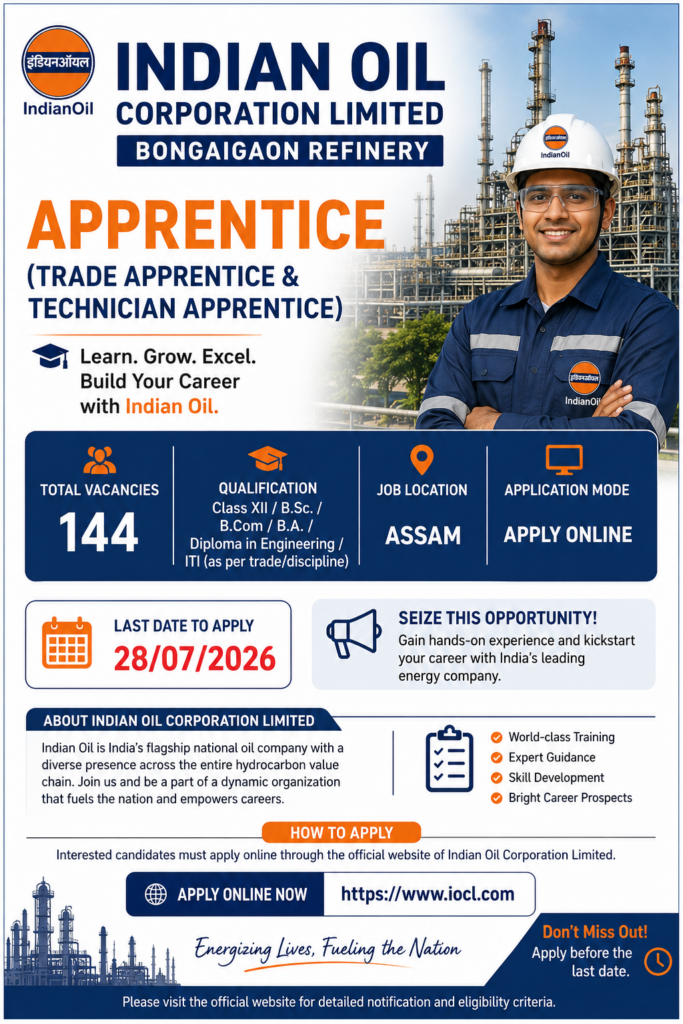 IOCL Bongaigaon Refinery Apprentice Recruitment 2026