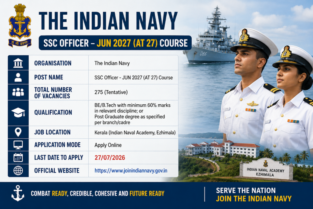 Indian Navy SSC Officer Recruitment 2026 Jun 2027 (AT 27) Course
