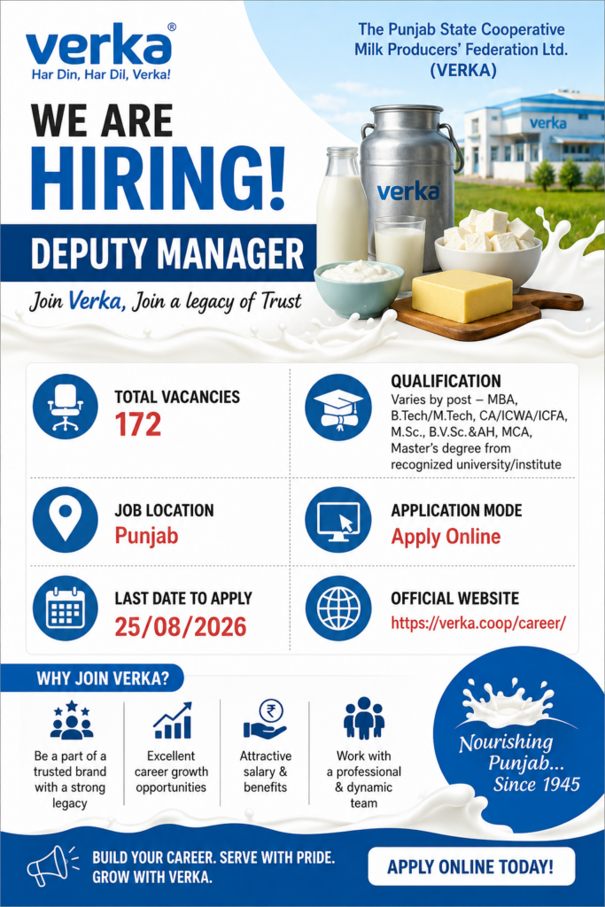Punjab Verka Milkfed Deputy Manager Recruitment 2026