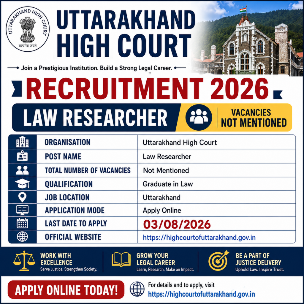 Uttarakhand High Court Law Researcher Recruitment 2026