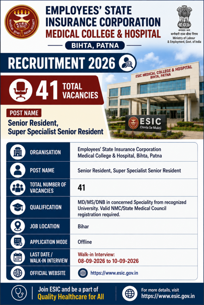 ESIC Bihar Senior Resident Recruitment 2026