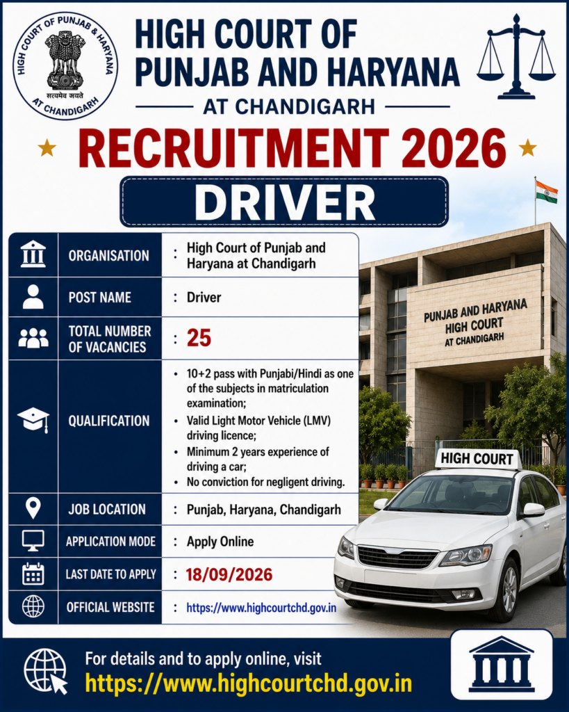 Punjab and Haryana High Court Driver Recruitment 2026