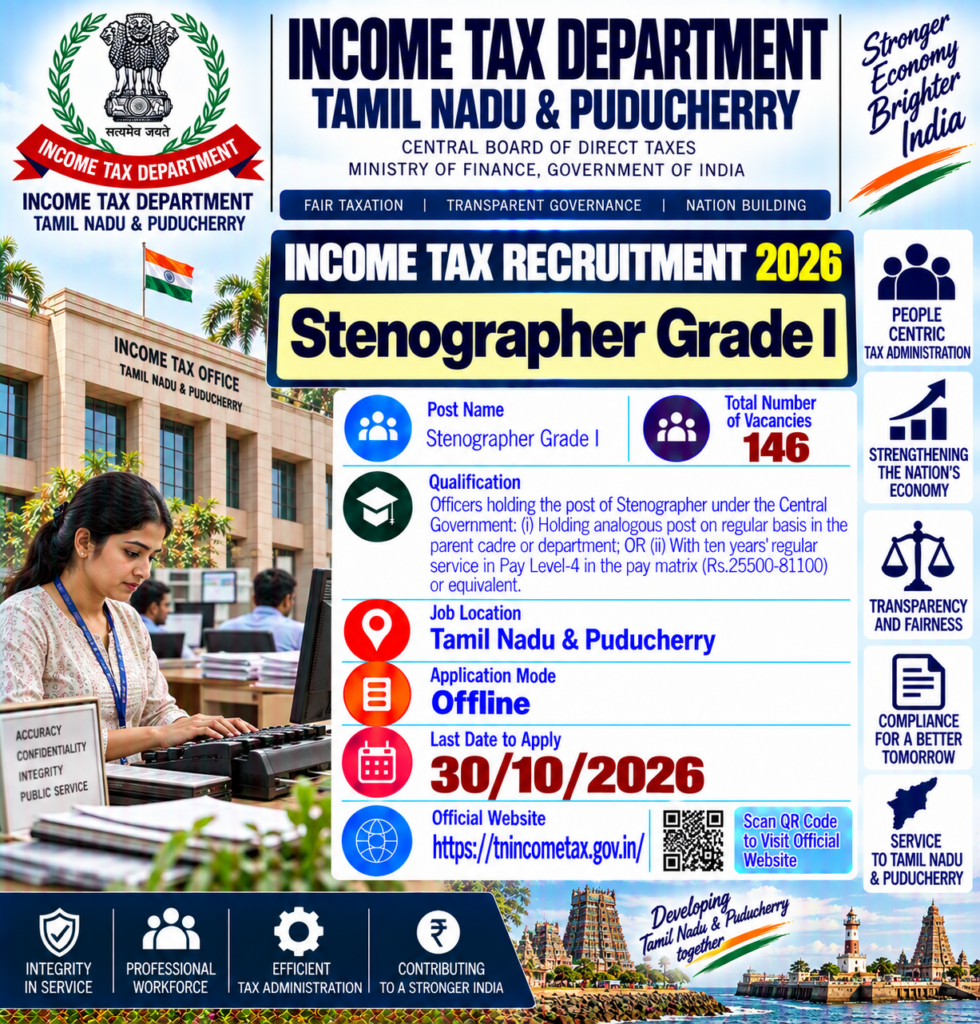 Income Tax TN and Puducherry Stenographer Recruitment 2026